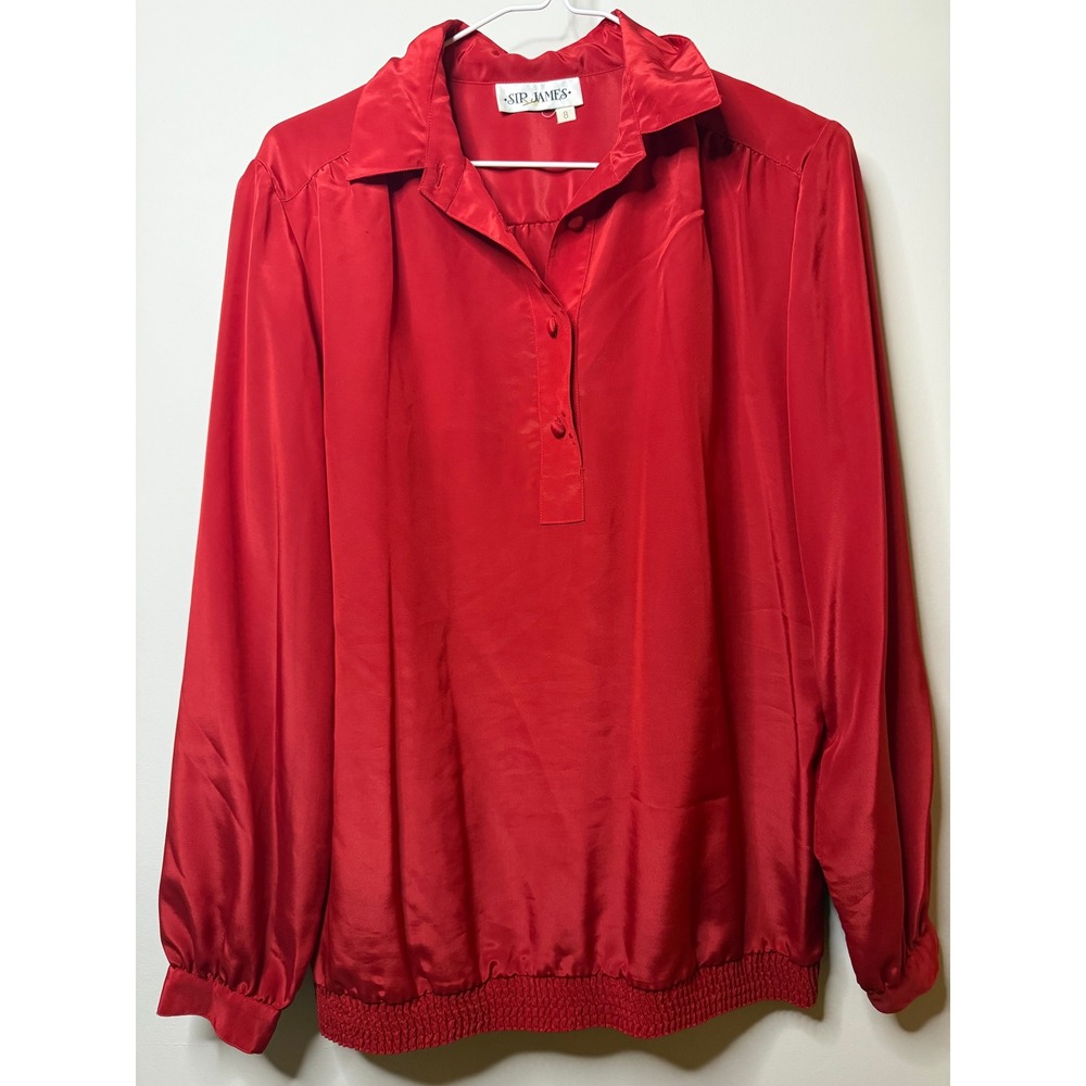 Sir James Vintage Red Long Sleeve Blouse Smocked Waist Satin Top Womens 8